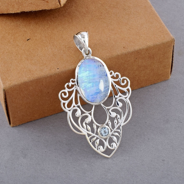 Rainbow Moonstone Pendant, 925 Sterling Silver Pendant, Moonstone Necklace, Silver Chain Pendant, Gemstone Jewelry, Celtic Knot Pendant