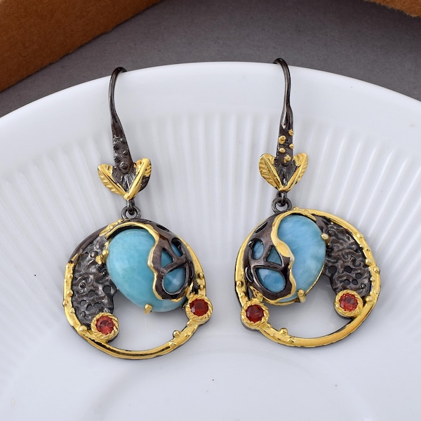 Natural Larimar Oval Gemstone 925 Sterling Silver Garnet Dangle Hook Earrings, Black & Gold Earrings, Earrings For Lady, Woman Jewellery NEW