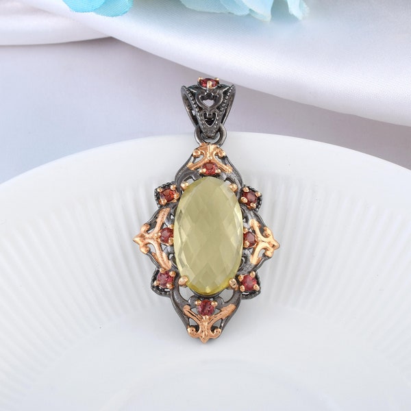 Lemon Quartz Pendant in Solid Sterling Silver Rose Gold Pendant Black Rhodium Jewelry Women Gift Pendant Necklace Boho Antique Jewelry
