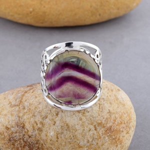Natural Fluorite Ring 925 Sterling Silver Ring, Statement Ring, Round Cabochon Ring, Handmade Ring, Gemstone Ring, Boho Ring, Gift for Mommy