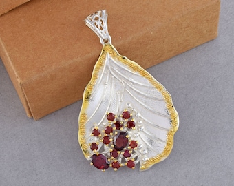 January Birthstone Natural Garnet Leaf Pendant, 925 Sterling Silver Pendant for Necklace, Handmade Gemstone Jewelry, Elegant Gift for Women