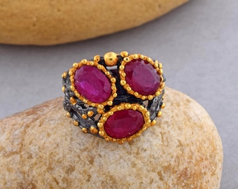 Three Stone Ruby Ring, July Birthstone, Art Deco Yellow Gold Ruby Ring, Women Sterling Silver Ring, Personalized Jewelry, Ruby Jewelry Gift
