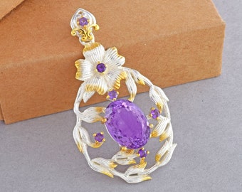 Colgante de amatista natural para mujer, diseño floral Art Déco, colgante de boda antiguo, colgante de piedra preciosa morada, regalo de Navidad hecho a mano para mujer.