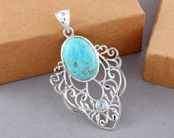 Oval Turquoise Pendant Sterling 925 Silver Pendant Arizona Turquoise Gemstone Pendant Elegant Necklace Natural Stone Jewelry Gift Wedding