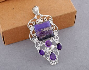 Charoite Necklace Pendant, Russian Charoite Gemstone Pendant, 925 Sterling Silver Pendant for Necklace, Natural Purple Stone Pendant Jewelry