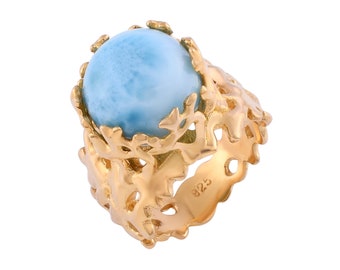 Natural Larimar Ring, 925 Sterling Silver Coral Reef Statement Ring, Yellow Gold Plated Brutalist Handmade Vintage Jewelry, Unisex Gift