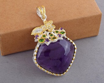 Natural Amethyst Cabochon Pendant 925 Sterling Silver Gold Plated Charm Boho Necklace Handmade Jewelry Gift for Women, Cushion Amethyst Fine