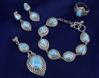 奥様へのジュエリーセット、酸化スターリングシルバーのドミニカ産ラリマー宝石ジュエリーセット、彼女へのギフト、ハンドメイドイヤリングリングブレスレット＆ペンダント