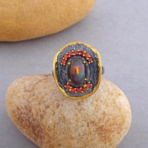 Black Opal Vintage Style Ring, 925 Silver Garnet Ring, Ethiopian Black Opal Ring, Black Rhodium On Silver Ring, Wife, October Birthstone NEW
