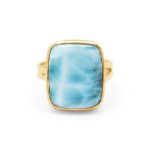 Gold Plated Silver Rectangle Larimar Ring, Dominican Origin Natural Gemstone Jewelry, Best Men Ring, Unisex Ring, Anilos, Cushion Gemstone