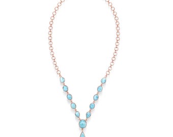 Authentic Larimar Gemstone Solid Silver 925 Necklace With Rose Gold Plating, Dominican Origin Larimar Long Necklace Jewelry, Gift For Ladies