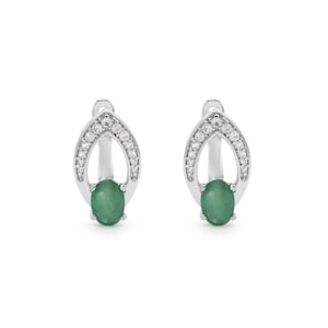 Emerald and Diamond Earrings – Sterling Silver Oval Emerald Studs, May Birthstone Jewelry, Elegant Green Gemstone Earrings, Gift for Her
