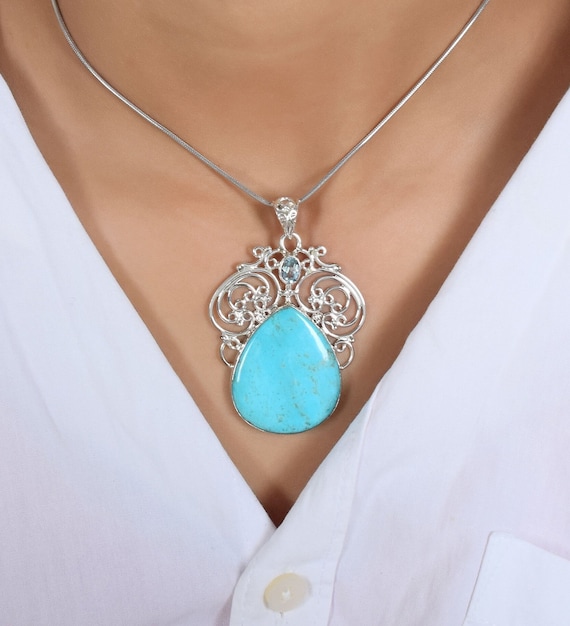 Sterling Silver Genuine Pear Gemstone Filigree Pendant Sterling Silver Genuine Pear Gemstone Filigree Pendant