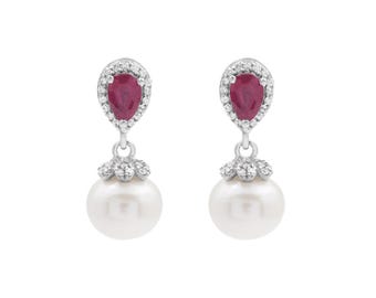 NEW COLLECTION 925 Sterling Silver Natural Ruby Gemstone Pearl Drop Dangle Earrings Jewelry For Bride, Designer Jewellery, Wedding Day Gift