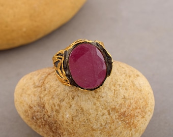 Ruby Ring, Oval Gemstone Jewellery, Dual Tone Ring, 925 Sterling Silver Gold Plated Ring, Black Rhodium Jewelry, Oval Ruby Ring, Unisex Ring