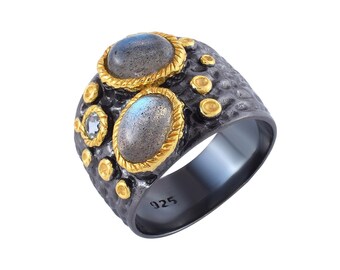 Natural Labradorite & Blue Topaz Statement Ring, Black Rhodium Plated 925 Sterling Silver Wide Band Ring, Handmade Two Tone Jewelry For Gift