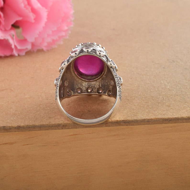 Red Cabochon Ruby Ring Anaari Yaqoot Stone Cabochon Ruby Ring 925 Sterling Silver Handmade Ring Gift for her Boho Statement Ring Mens Gift zdjęcie 5