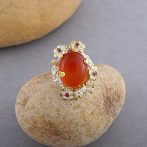 Natural Carnelian Gemstone 925 Sterling Silver Ring, Real Orange Stone Ring, Nature Inspired Wedding Ring, 18k Gold Plated Jewelry, Gift Her