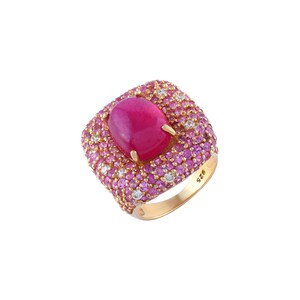Natural Ruby Cocktail Ring with Pink Sapphire, Gold Plated 925 Sterling Silver Oval Cabochon Statement Ring, Handmade Gemstone Jewelry Gift