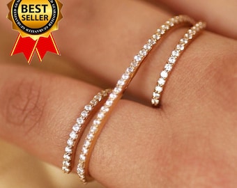 Two Finger Ring, Dual Finger Helix Ring, Double Finger Ring, High Quality CZ Ring, Sterling Silver CZ Ring, 14K Gold Plated Ring, Mom&#39;s Gift