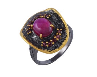 Natural Ruby & Garnet Statement Ring, Black Rhodium Plated 925 Sterling Silver Cocktail Ring, Two Tone Handmade Jewelry Gift for Women