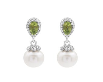 Pendientes de peridoto natural en plata de ley 925, pendientes colgantes de perla para esposa, regalo de Navidad, piedra de nacimiento verde de agosto.