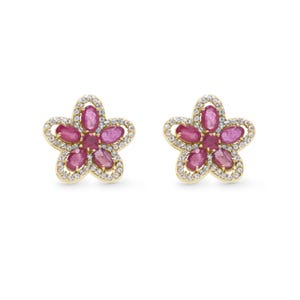 May include: A pair of gold earrings with a flower design. The earrings are set with red rubies and white diamonds.