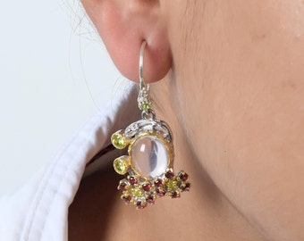 Cabochon naturel ovale quartz rose pierres précieuses en argent sterling 925 crochet boucles d'oreilles pendantes péridot grenat boucles d'oreilles florales d'été bijoux cadeau femmes