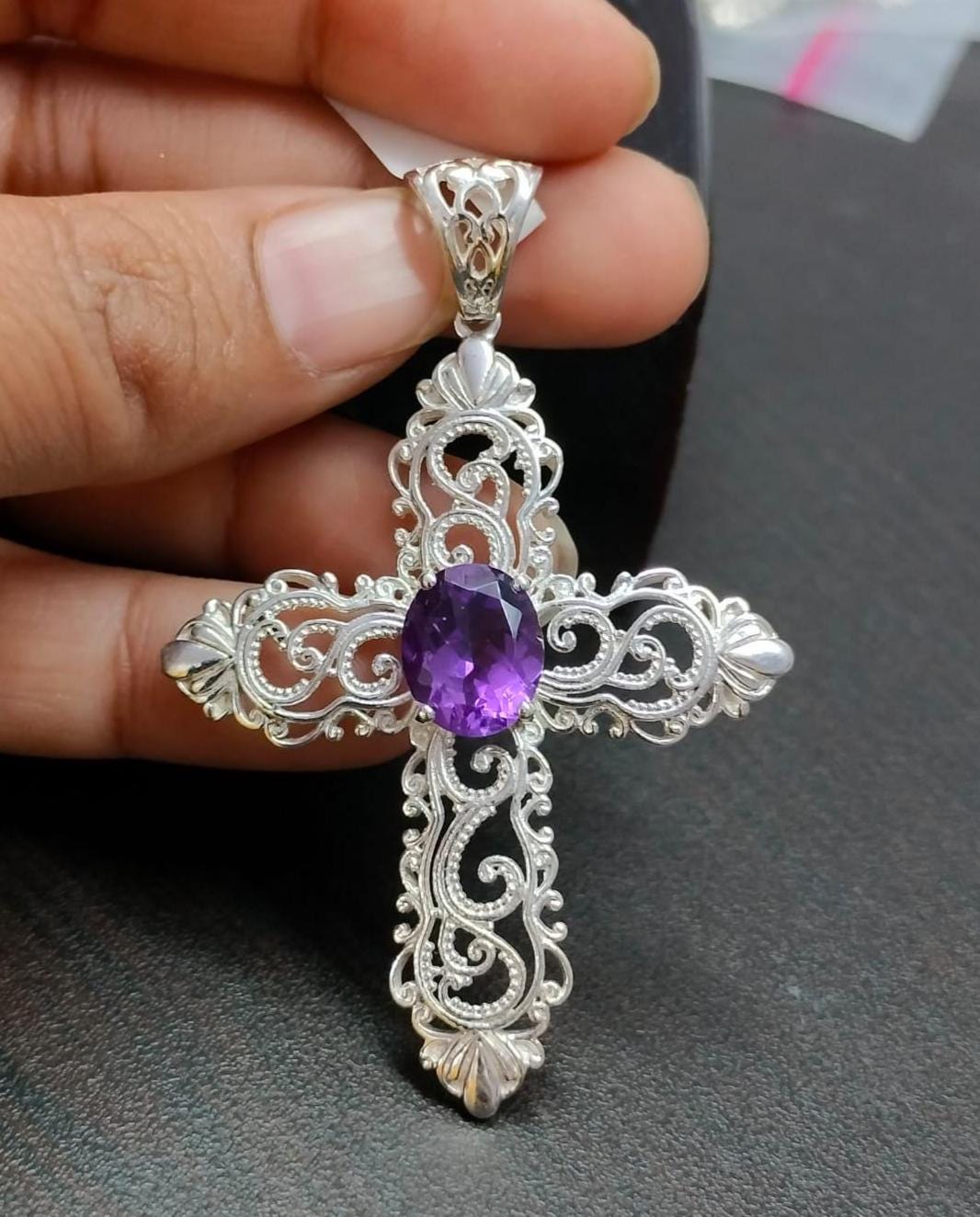 Pendentif Croix En Argent 925 Avec Diopside Et Améthyste - Pierre Naturelle - Fait Main - Neuf Sans Boîte