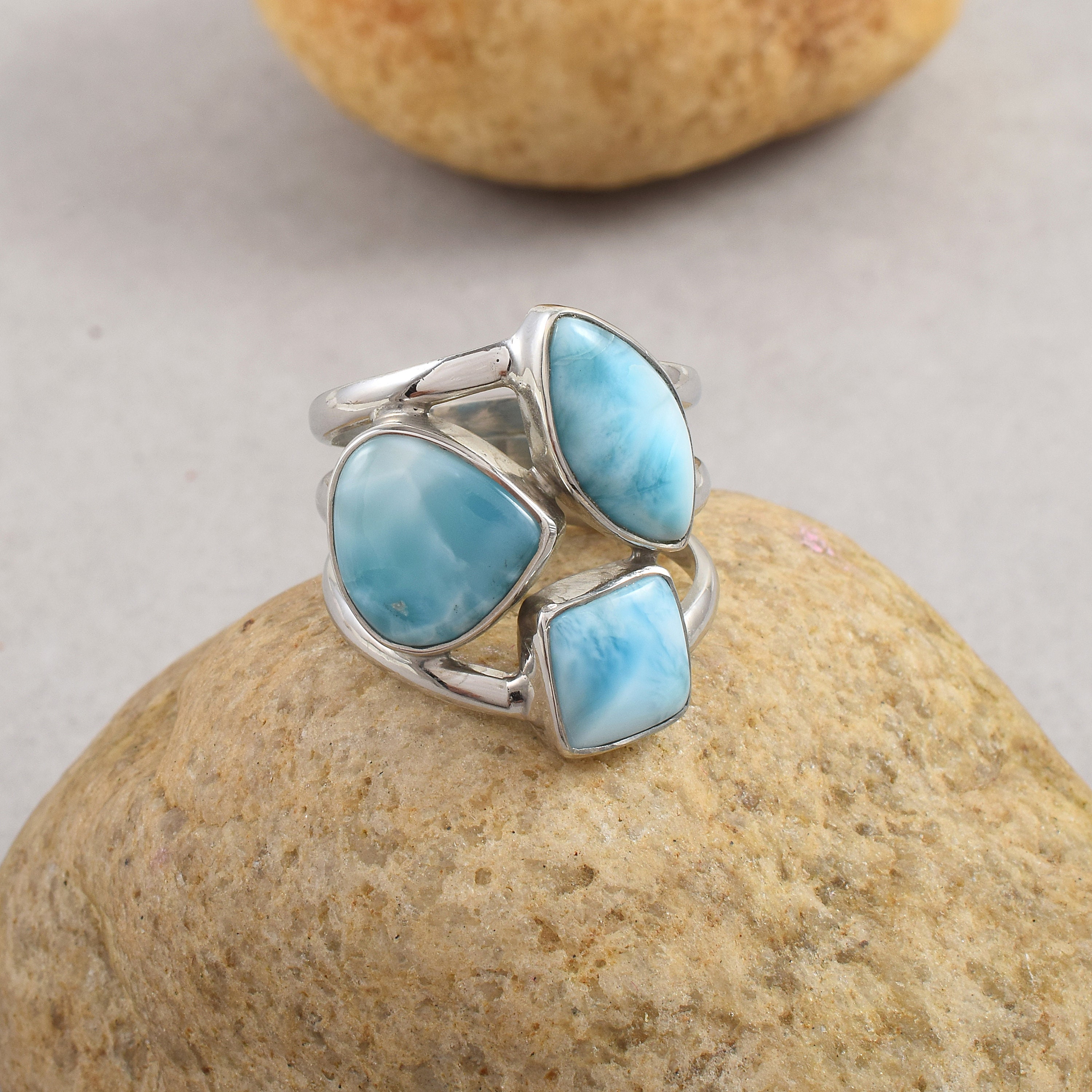 Larimar Anilos, 925 Sterling Silver Natural Dominican Republican Larimar Gemstone Jewellery, Statement Ring, Gift For Women, Free Shipping