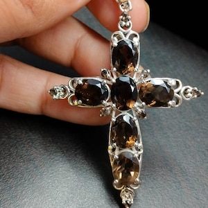 925 Sterling Silver CROSS Pendant, Natural Smoky Quartz Gemstone Jewelry, Handmade, Gift, Handmade, Unisex Baptism Jewelry, Christmas Gift