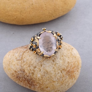 Natural Oval Cut Rose Quartz Sterling Silver Statement Ring, Black Rhodium/Gold Plated Ring Jewelry, Pink Love Gemstone, Pink Stone Jewelry