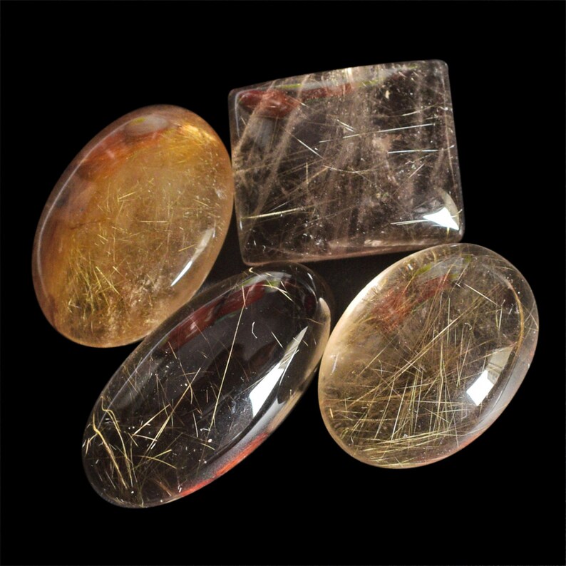 Handmade 23787 Transparent Golden Rutilated Natural Golden Rutile Quartz 4 Piece Lot Cabochon From Brazil Smooth Polished Jewelry Making