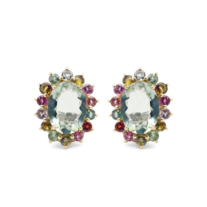 May include: A pair of gold earrings with a large oval green gemstone surrounded by a halo of smaller multi-colored gemstones.