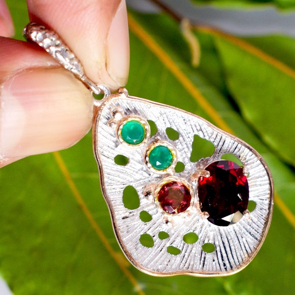 Natural Garnet & Green Onyx Gemstone Pendant for Women, Handmade Multi Gemstone Pendant, 925 Sterling Silver Necklace, Birthday Gift For Her