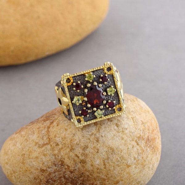 Garnet Gemstone Unisex Ring, Black Rhodium Over 925 Sterling Silver, 18K Gold Plated Jewelry, Designer Ring, Boho Statement Ring All Size