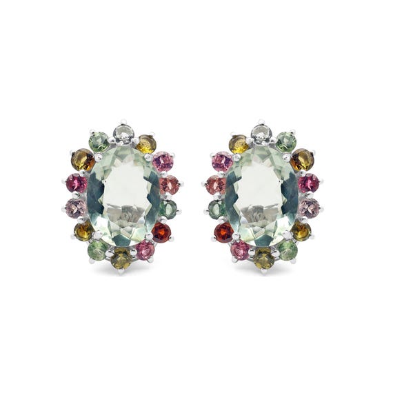 Natural Green Amethyst Gemstone Stud Earrings 925 Sterling Silver Multi Tourmaline, Oval Stud Earrings Jewelry, Multicolor Earrings, Silver