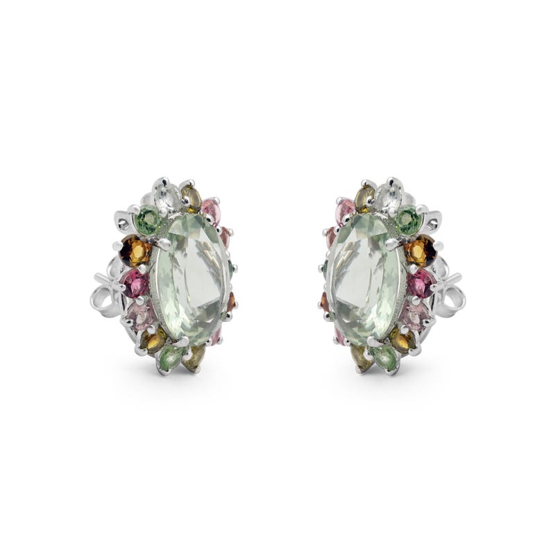 May include: A pair of silver earrings with a green oval gemstone surrounded by smaller multi-colored gemstones.