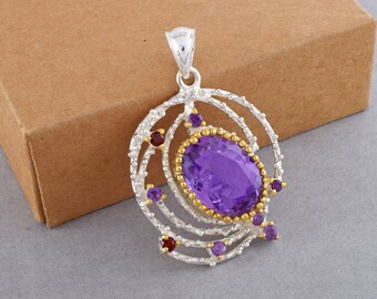 Colgante de amatista ovalada morada natural para mujer, hecho a mano, en plata de ley 925, chapado en oro, piedra natal de febrero, regalo para esposa.