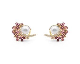 Natural Pink Sapphire Pearl Stud Earrings 925 Sterling Silver Gold Plated Jewelry, Wife's Gift, Bridal Earrings, Fresh Water Pearl Earrings