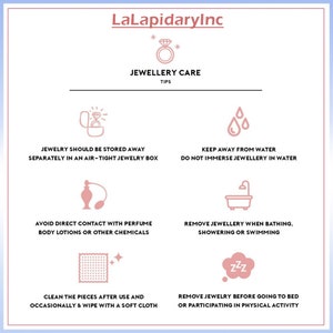 May include: A pink and white infographic with the title "Jewellery Care Tips" and five tips for caring for jewelry. The tips include storing jewelry in an air-tight box, keeping jewelry away from water, avoiding direct contact with perfume, removing jewelry when bathing, and removing jewelry before going to bed.