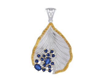 Natural Blue Kyanite Pendant Necklace, Art Deco Leaf Pendant, Yellow Gold Kyanite Necklace, Handmade Gemstone Jewelry, Wedding Gift for Her
