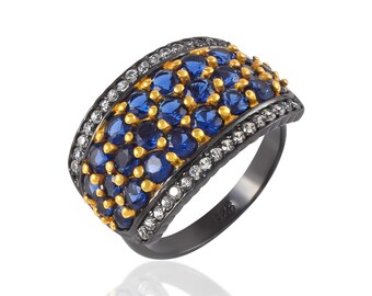 September Birthstone Blue Sapphire Statement Ring, Black Rhodium Plated 925 Sterling Silver Handmade Gemstone Jewelry Gift for Her