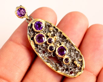 Handmade Amethyst Gemstone Pendant, 925 Silver Pendant Jewelry, Gold Plated Vintage Pendant, Sterling 925 Stamp Silver Pendant Necklace Gift