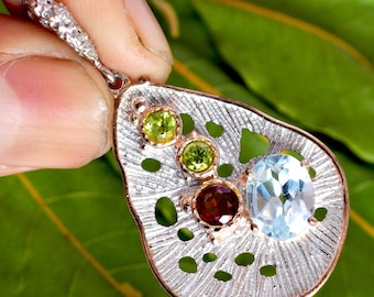Natuurlijke blauwe topaas, granaat en peridot edelsteenhanger voor vrouwen, handgemaakte multi-edelsteenhanger, 925 sterlingzilver, cadeau voor jubileum