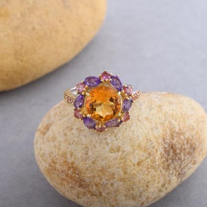 Natural Orange Citrine Gemstone, Amethyst, Pink Sapphire & Garnet Floral Ring, Wedding Ring, Round Ring, Gift For Women, 925 Silver Jewelry