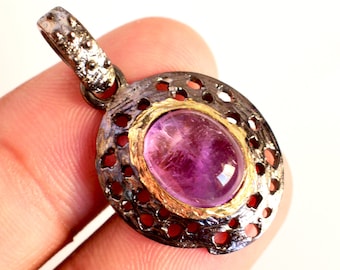 Gift Valentine Cabochon Amethyst Gemstone Pendant, 925 Silver Pendant Necklace, Gold Plated Vintage Style Pendant, Birthday Gift For Women