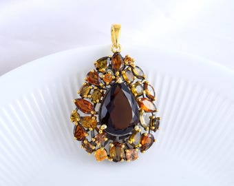 Natürlicher Rauchquarz Tropfen Anhänger, Citrin, Champagner Quarz 925 Sterling Silber Schmuck Geschenk für Dame, Jahrestag Geschenk für Frauen