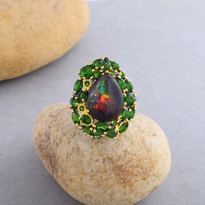 Black Fire Opal Ring for Women, Black Rhodium 925 Sterling Silver Ring, Chrome Diopside Ring, Vintage Opal Ring, Cluster Cabochon Black Opal