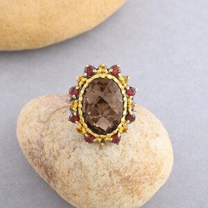 Natural Solitaire Smoky Quartz Engagement Ring Garnet Gemstone Wedding Ring Yellow Gold Plated Black Rhodium For Anniversary Gift Jewelry